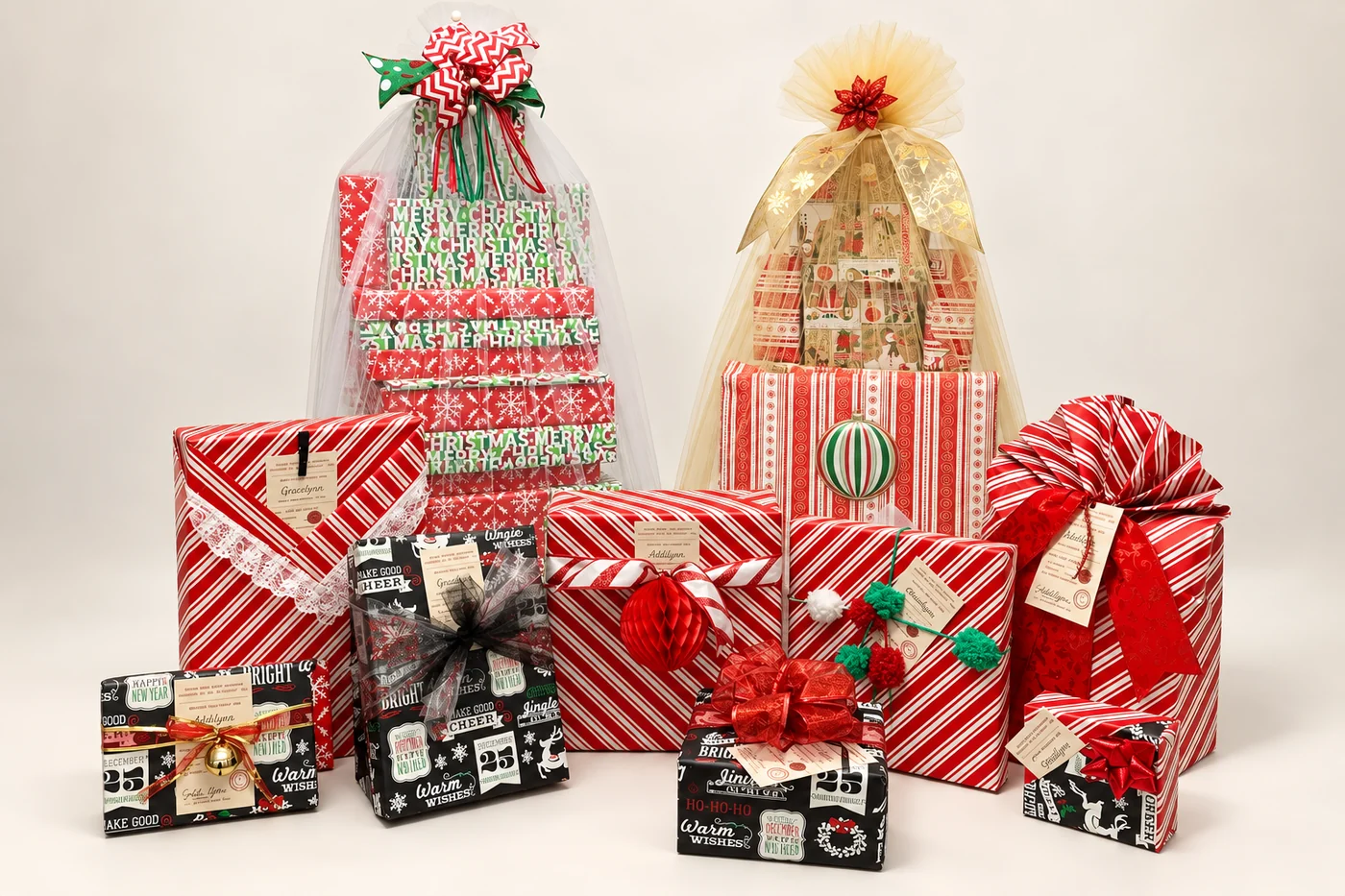 A holiday order in candy-stripe and chalkboard papers with tulle-wrapped towers, each gift tagged by recipient