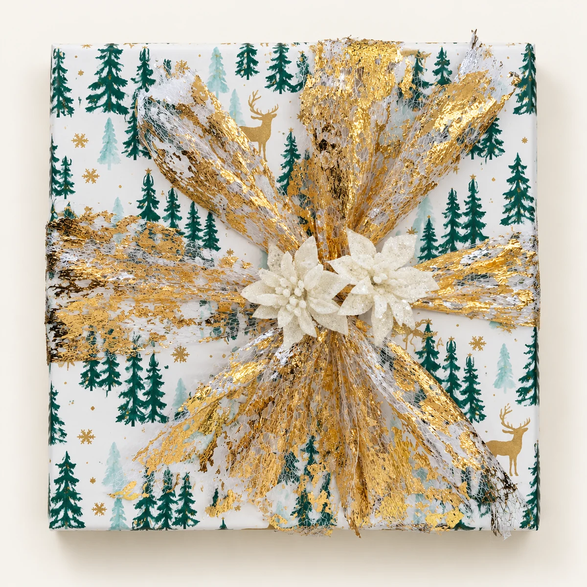 Christmas tree paper with gold mesh and white glitter poinsettias