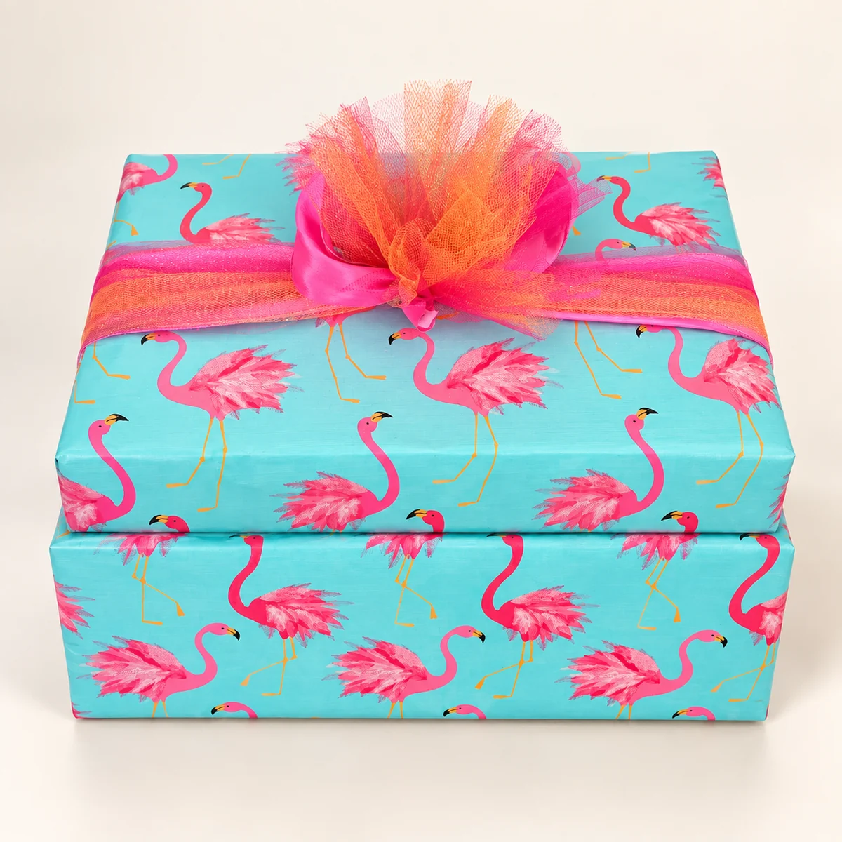 Flamingo box with pink and orange tulle bow