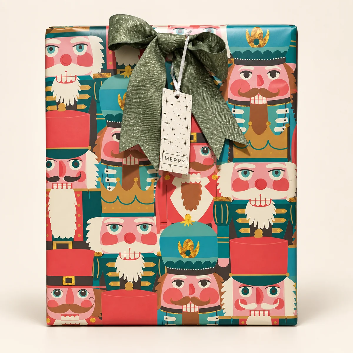 Nutcracker print paper with sage green glitter ribbon