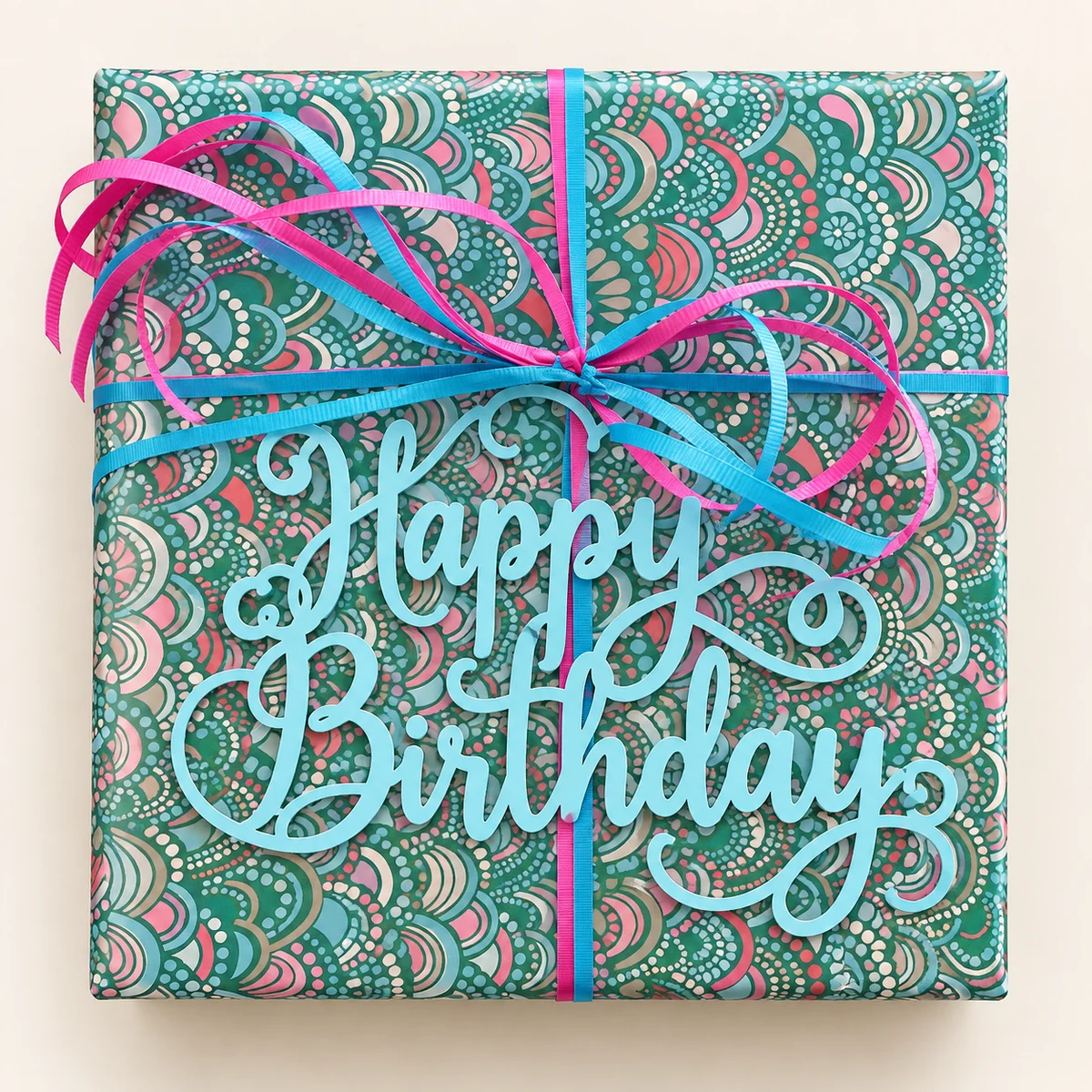 Teal paisley paper with pink and blue curling ribbon and a script Happy Birthday topper