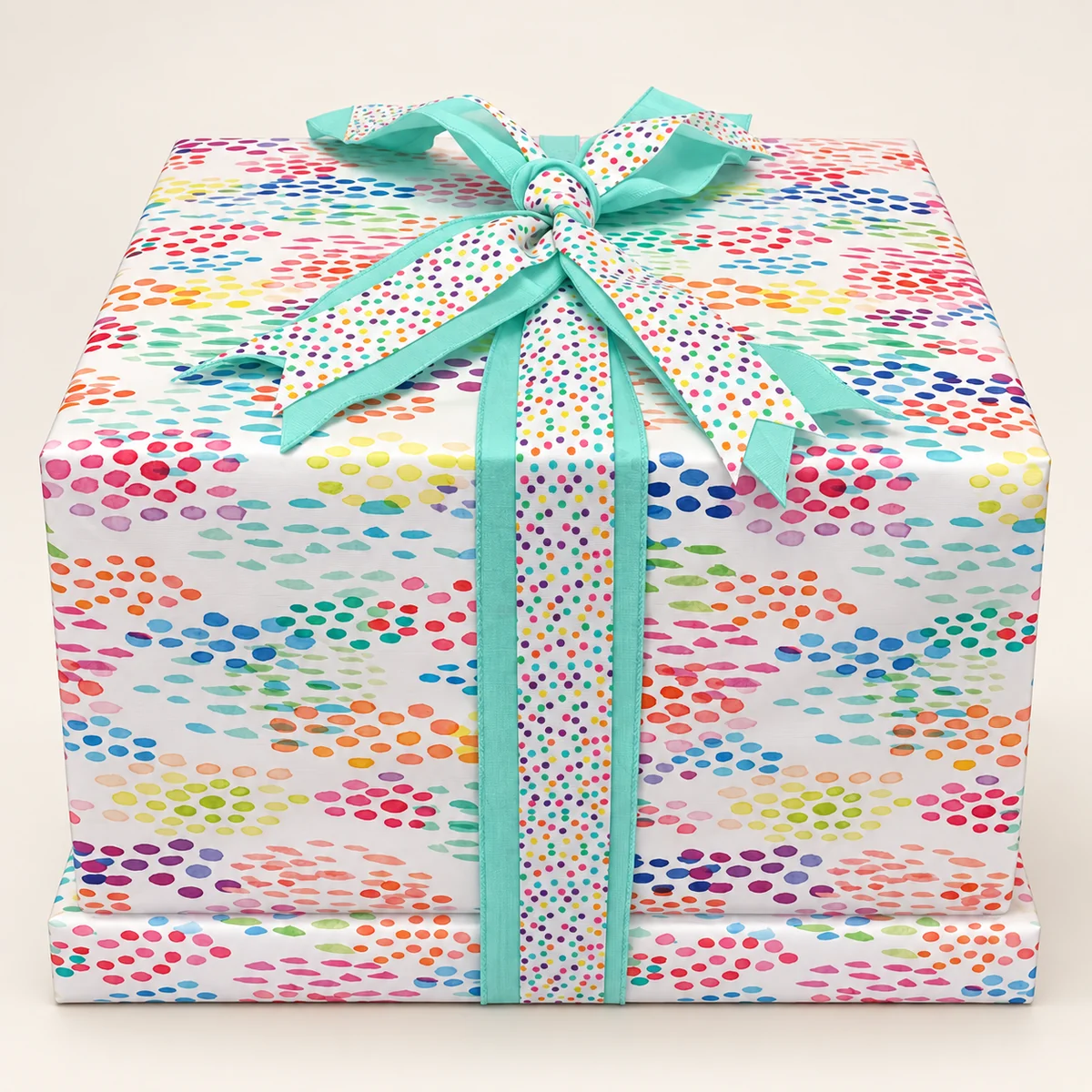 Large box in watercolor-dot paper with aqua and confetti ribbon