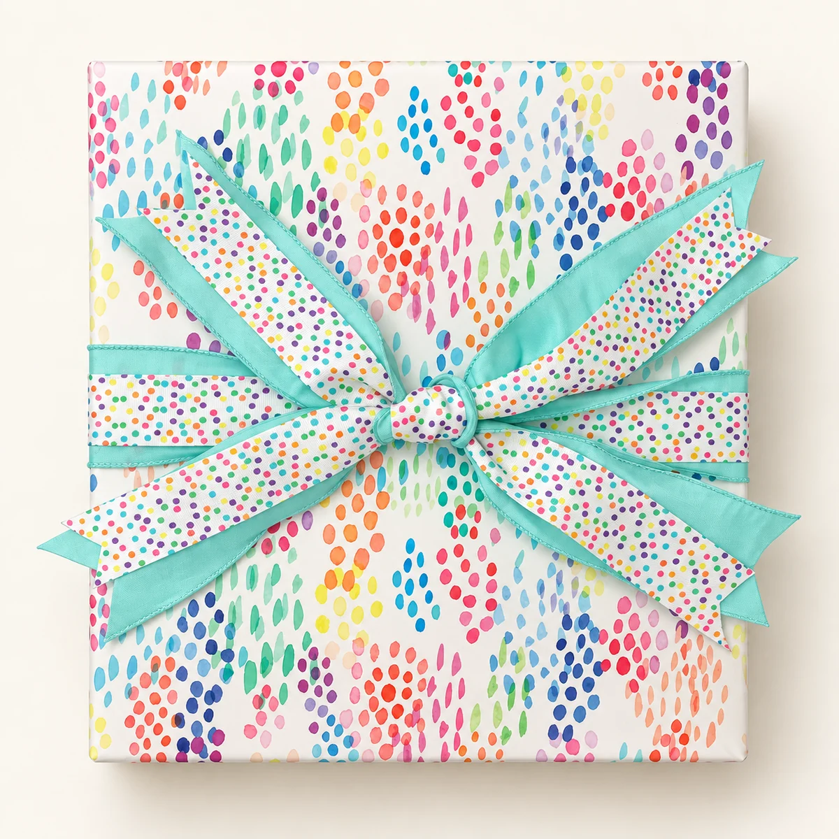 Watercolor-dot paper with aqua and confetti ribbon bow