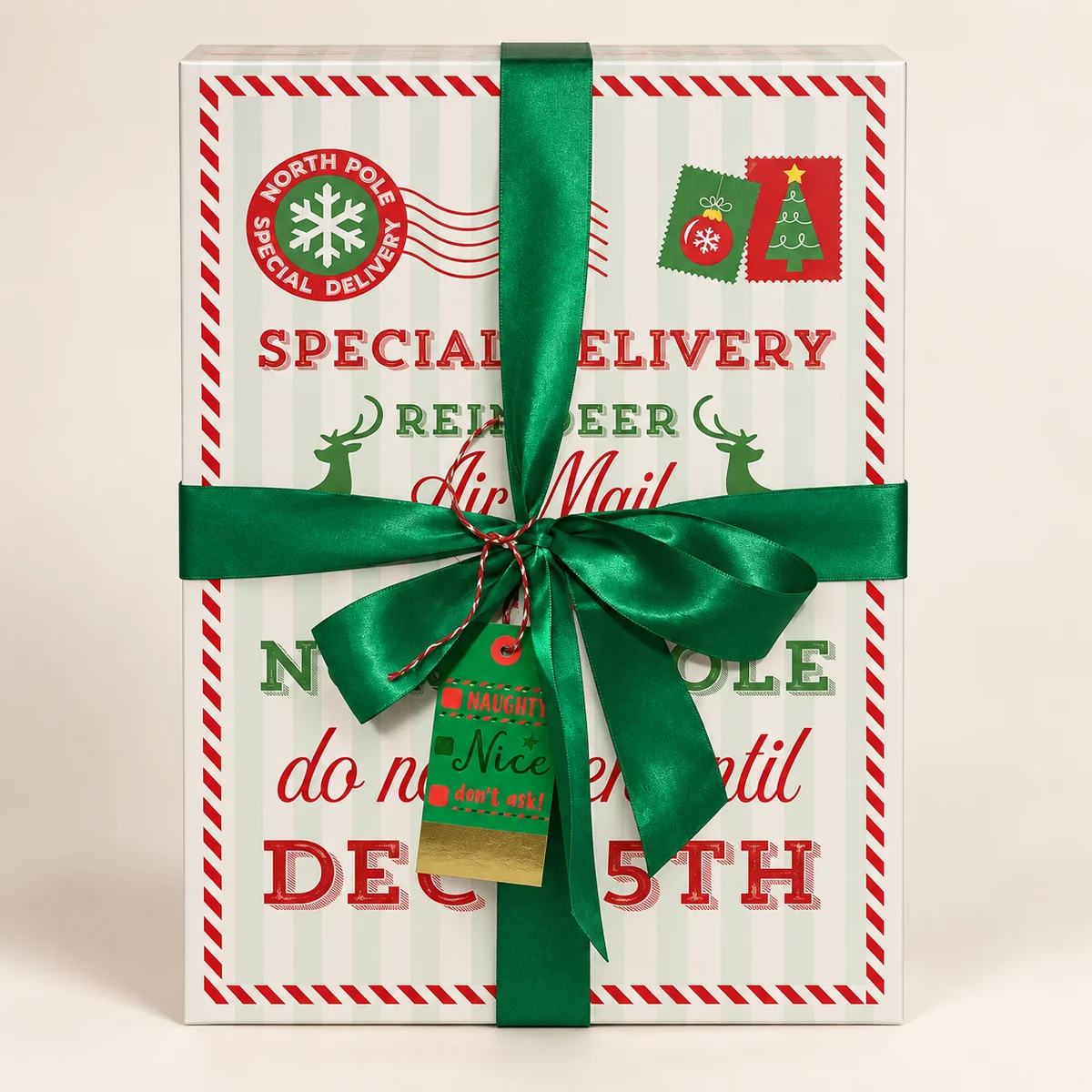 North Pole special delivery box with emerald satin bow