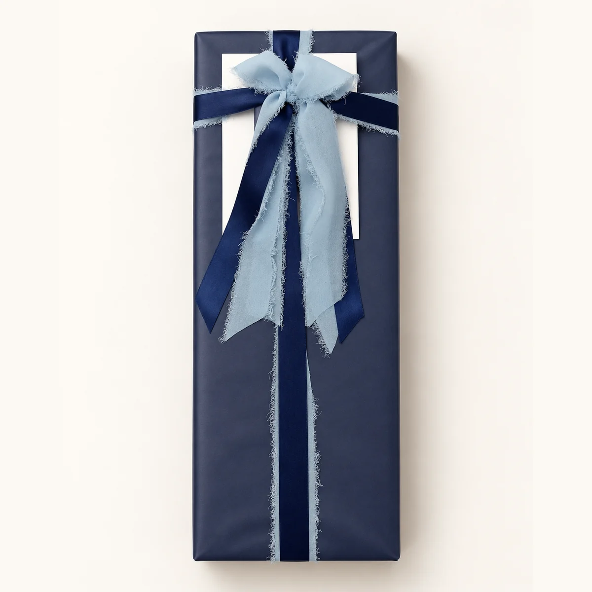 Navy gift with navy satin and pale blue chiffon bow