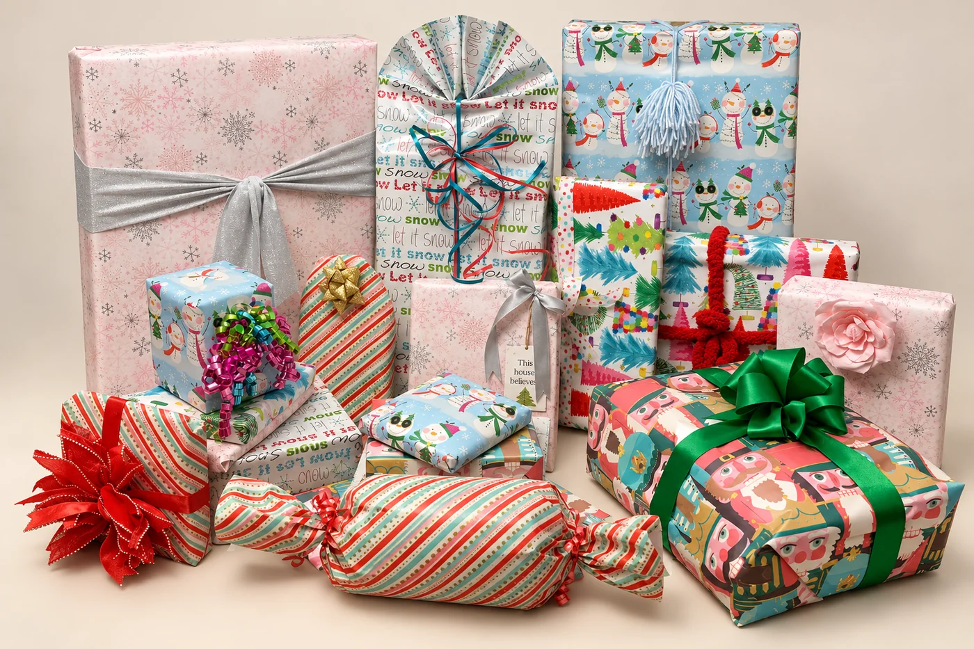 A table full of coordinated holiday gifts in candy-stripe and chalkboard papers with tulle-wrapped towers